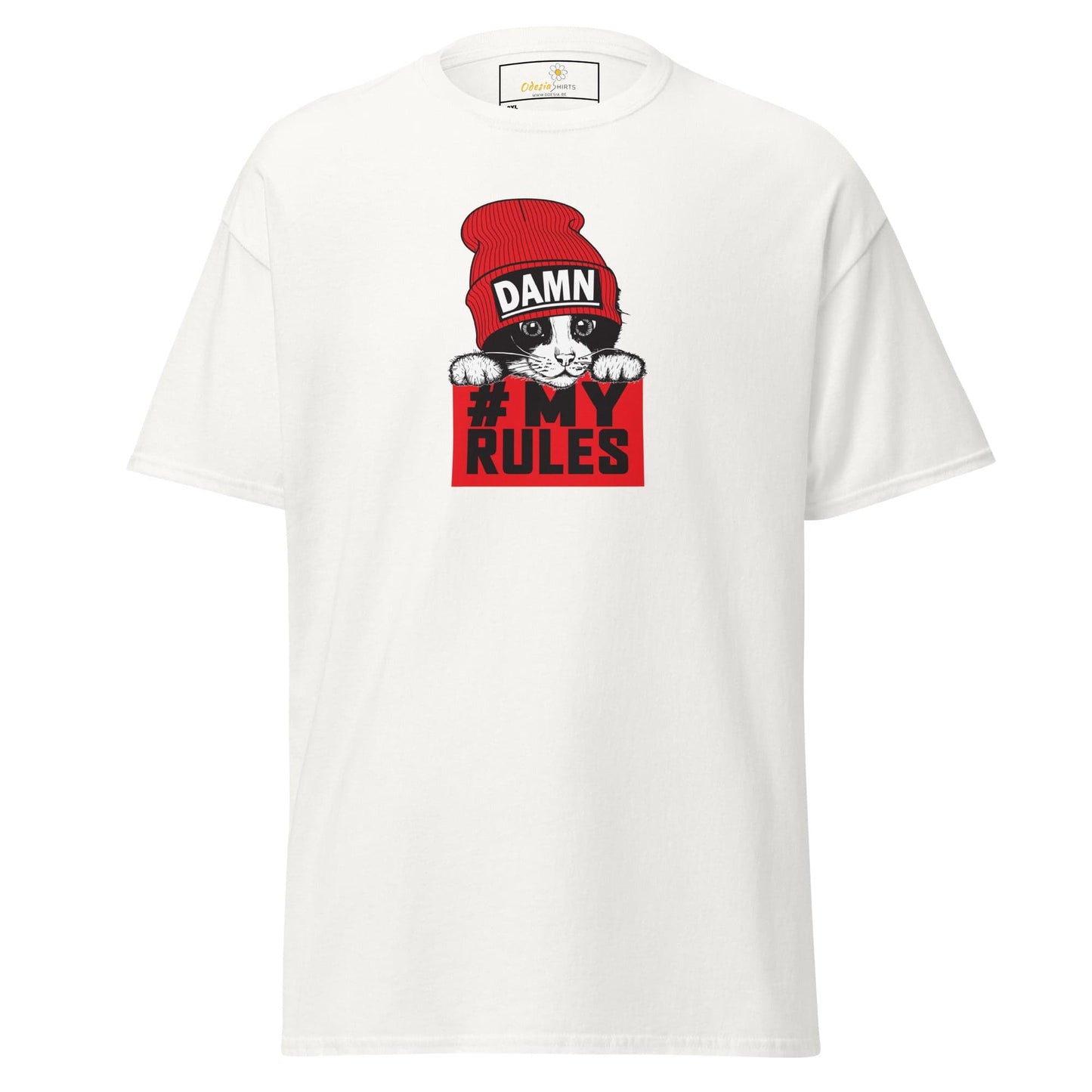 White t-shirt with cat graphic.