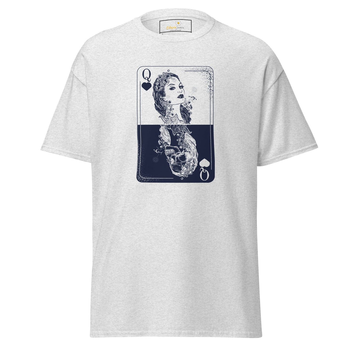 White T-shirt featuring Queen of Spades card design for men and women size S to XL