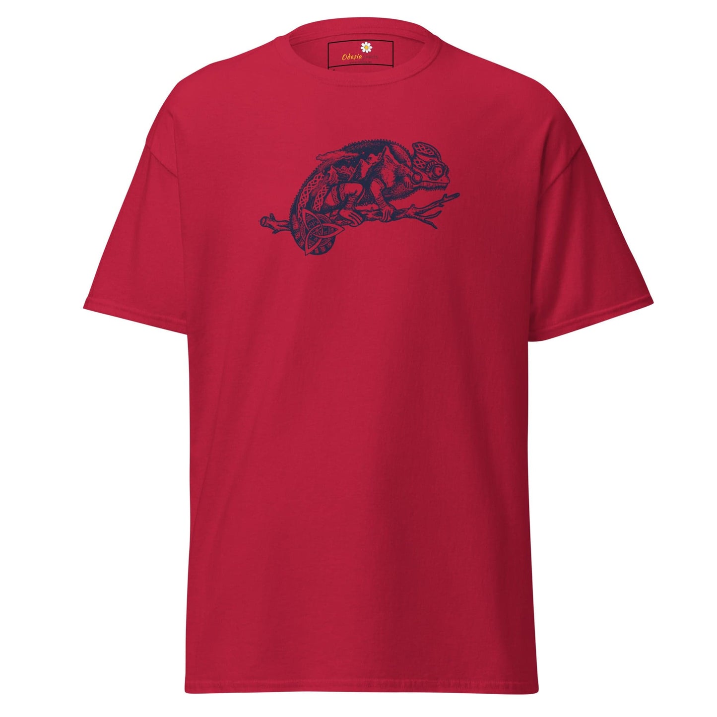 Red T-shirt with chameleon design for men and women in sizes S to XL displayed
