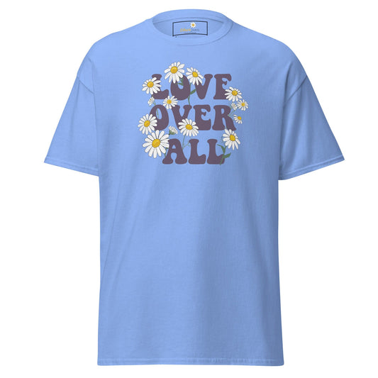 Light blue T-shirt featuring a floral Love Over All graphic for men and women sizes S to XL