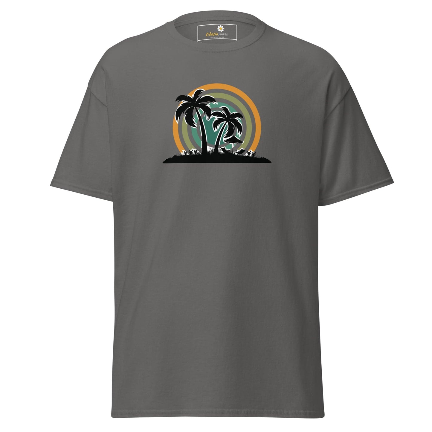 Gray T-shirt with palm tree graphic, suitable for men and women sizes S to XL