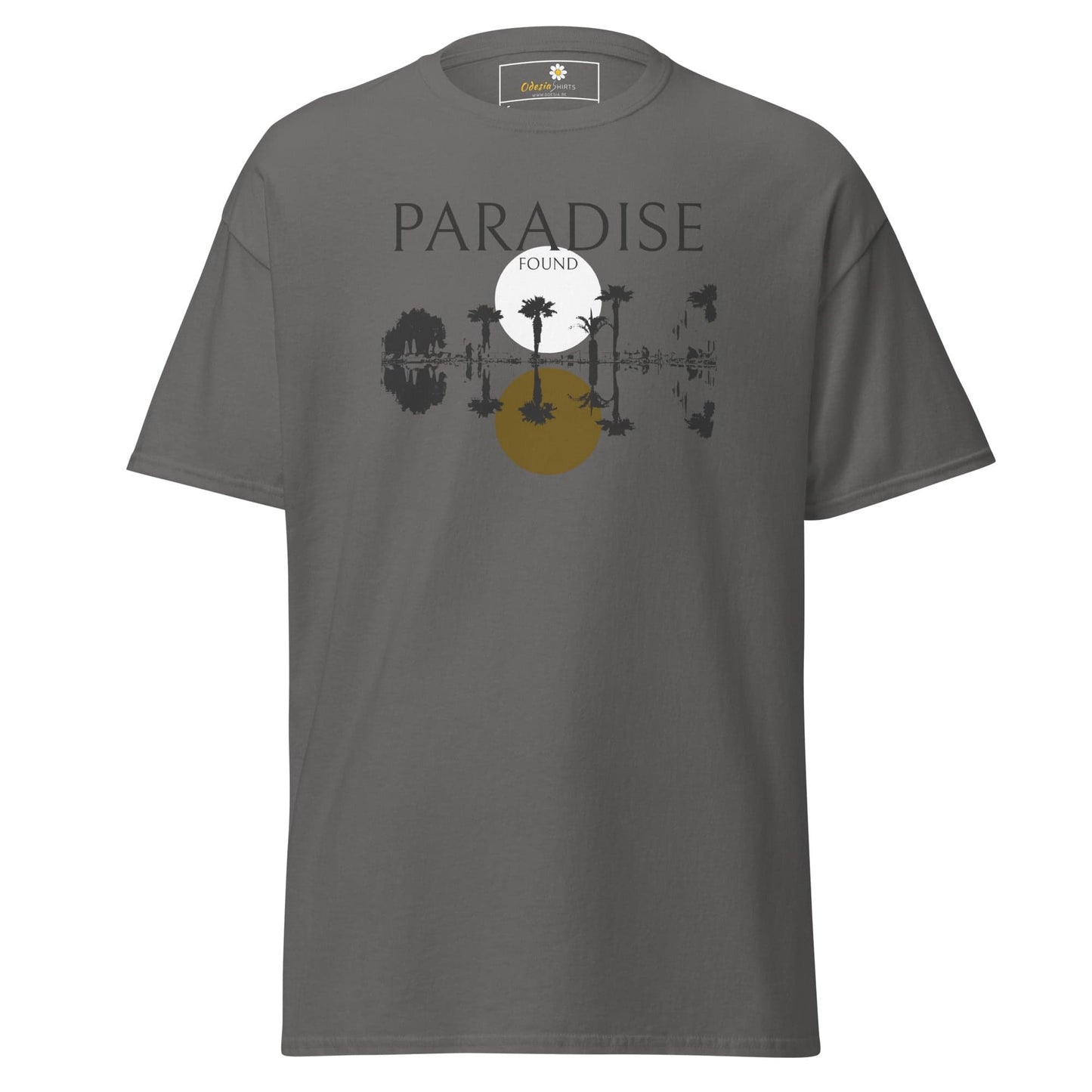 Gray T-shirt with tropical design, suitable for men and women, available in sizes S to XL