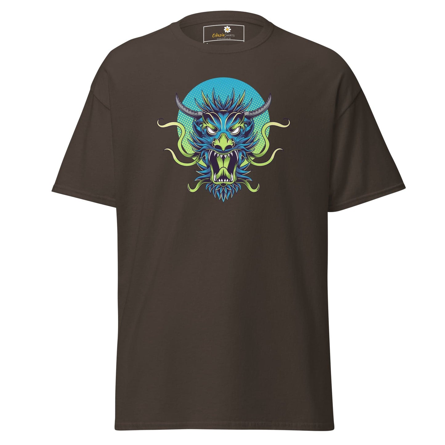 Brown T-shirt with a dragon graphic, available in unisex size S to XL