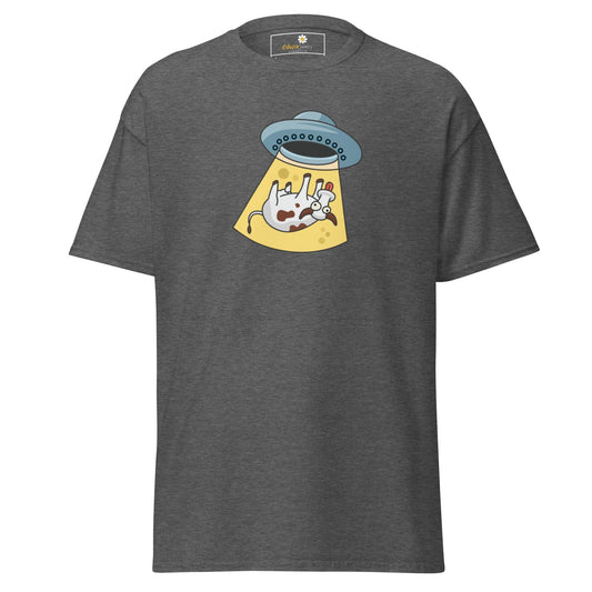 Gray T-shirt with alien abduction graphic for men and women in size S to XL