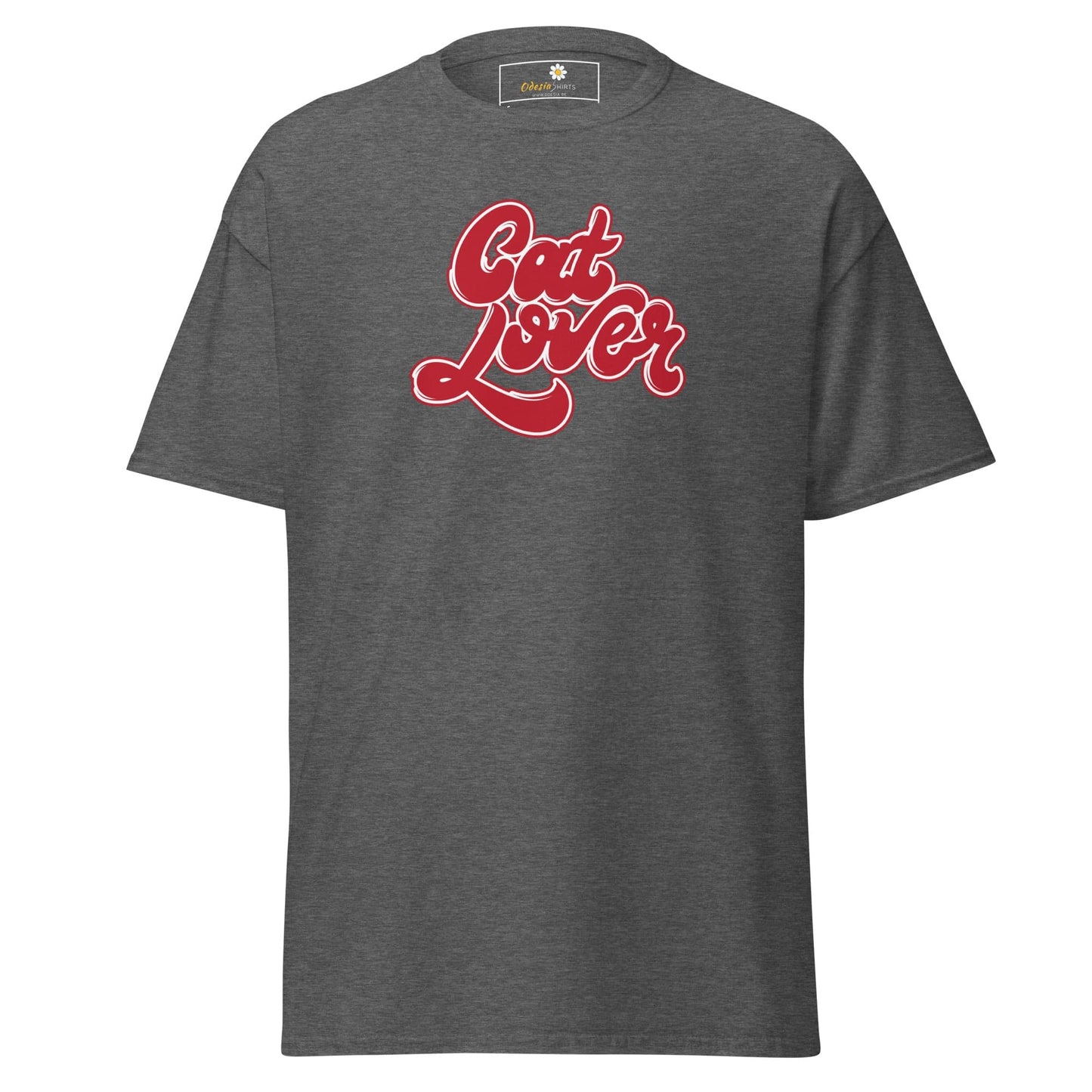 Gray T-shirt with Cat Lover text, available in man’s and woman’s sizes S to XL