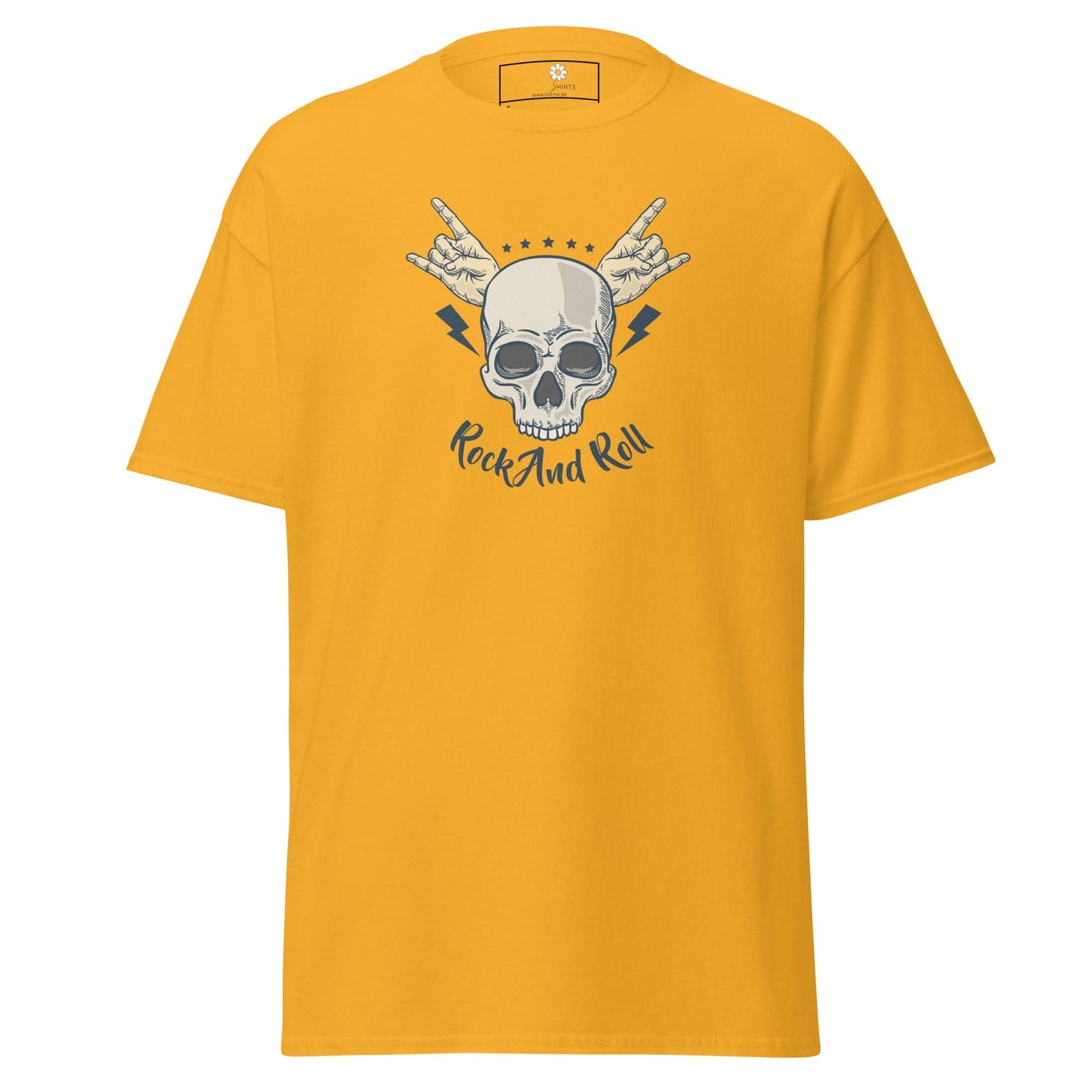 Yellow T-shirt with rock and roll skull graphic for men and women in S to XL sizes