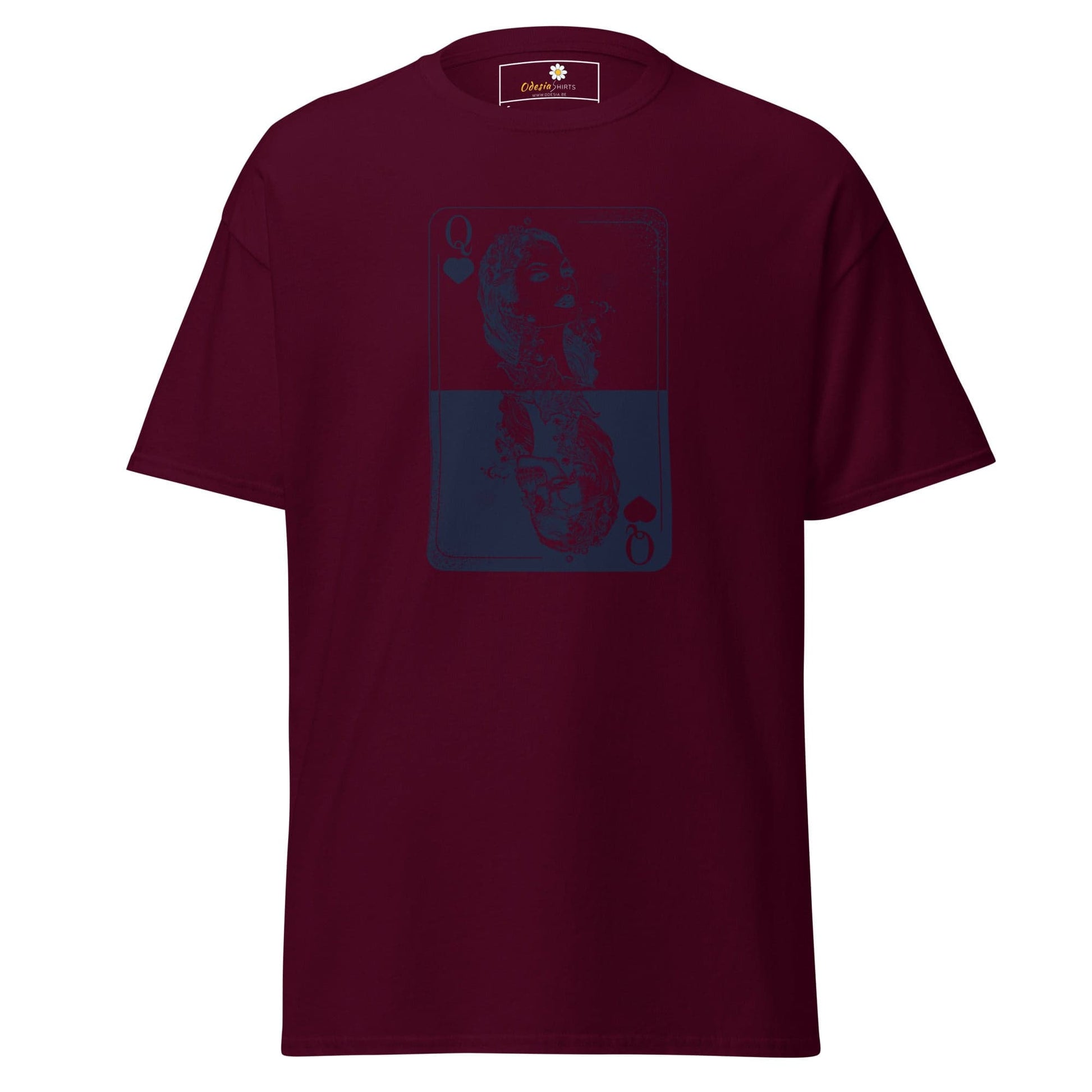 Maroon T-shirt with graphic design for men and women available in sizes S to XL