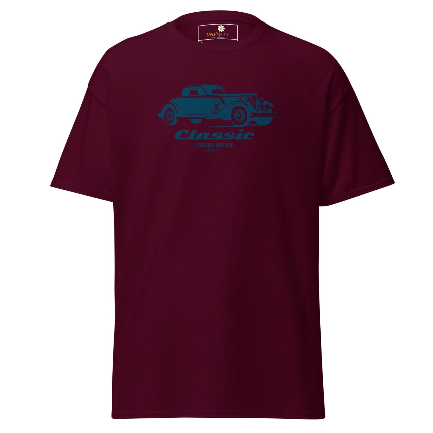 Maroon t-shirt featuring a blue car graphic for men and women in size S to XL