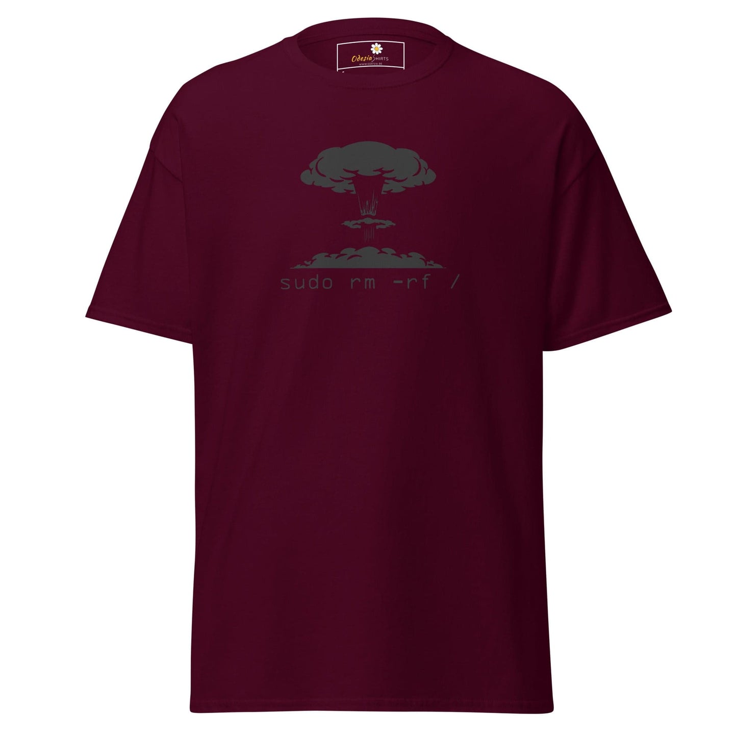 Maroon T-shirt with mushroom cloud graphic, suitable for men and women sizes S to XL