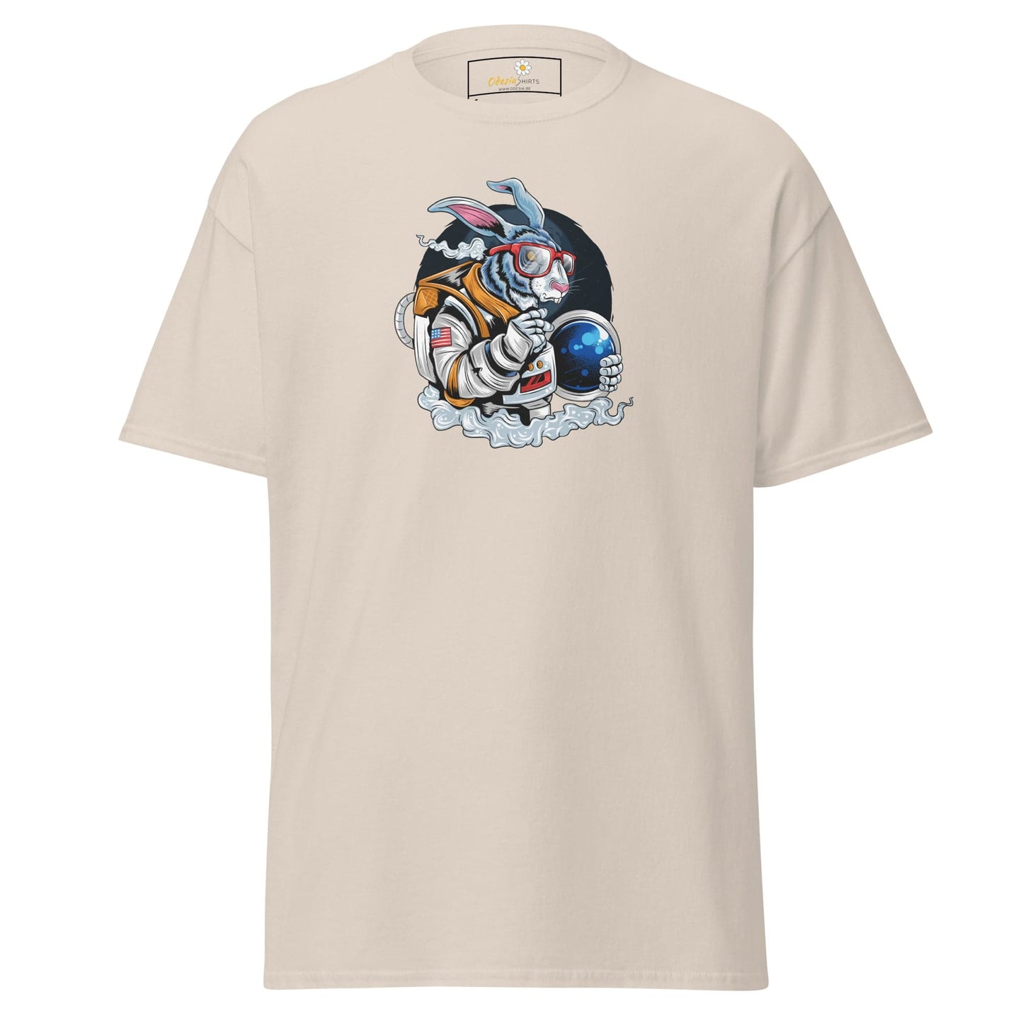 Beige T-shirt featuring astronaut rabbit graphic for men and women in sizes S to XL