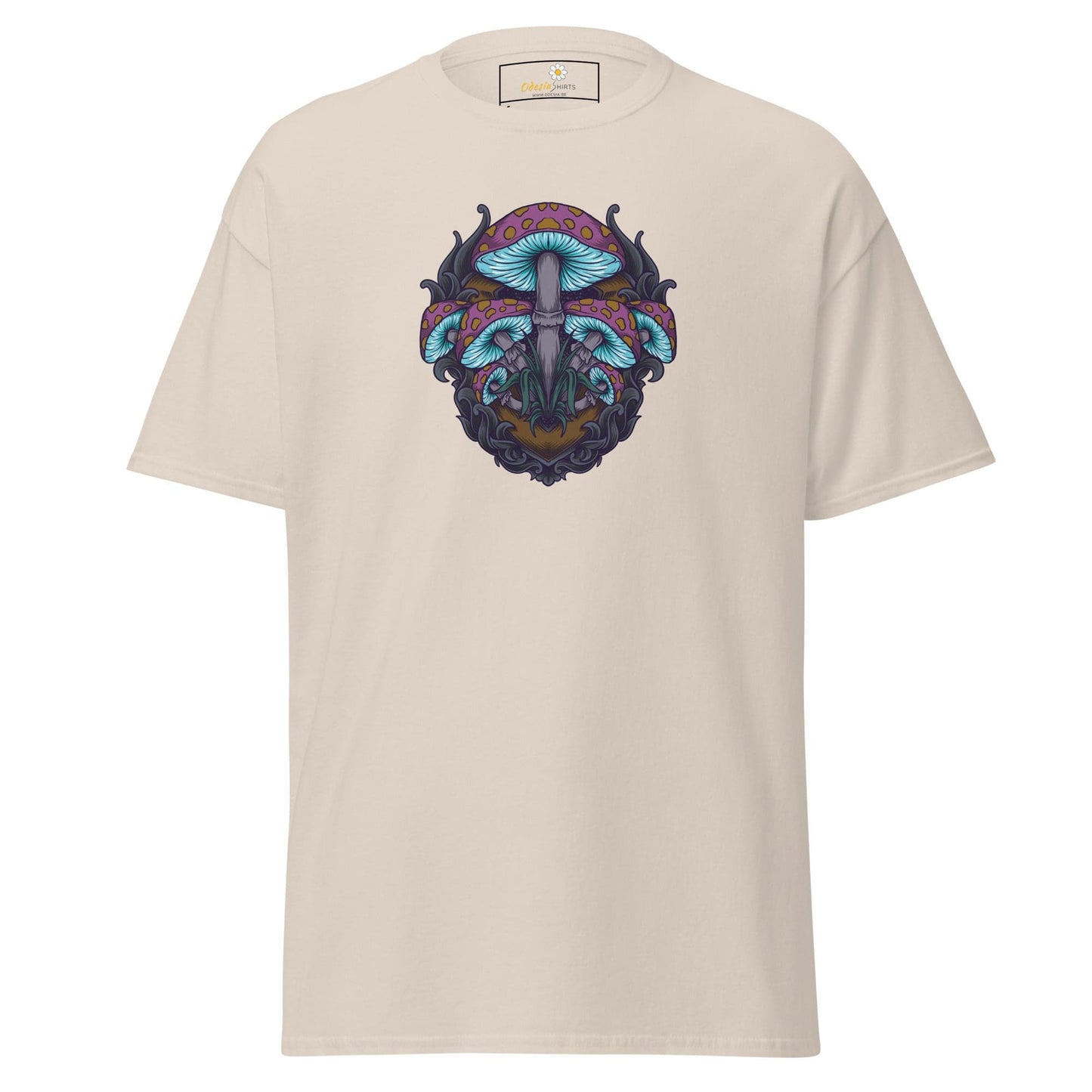 Beige T-shirt with mushroom graphic from T-SHIRT DESIGN TEE for Men and Women, S to XL