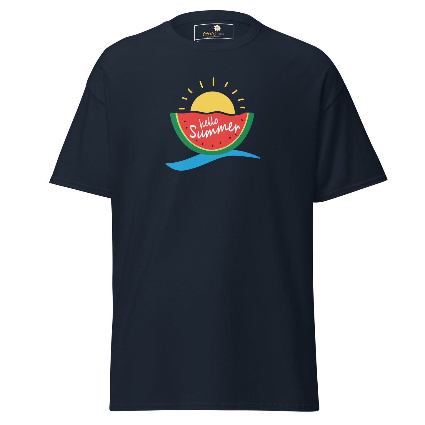 Navy blue T-shirt with summer graphic for men and women available in sizes S to XL