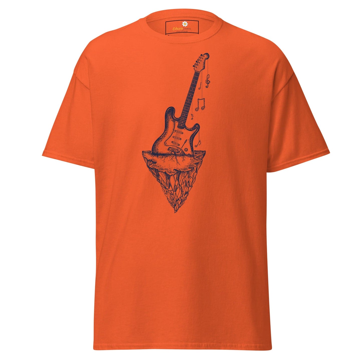 Orange T-shirt featuring a guitar graphic from the T-SHIRT DESIGN TEE collection for men and women