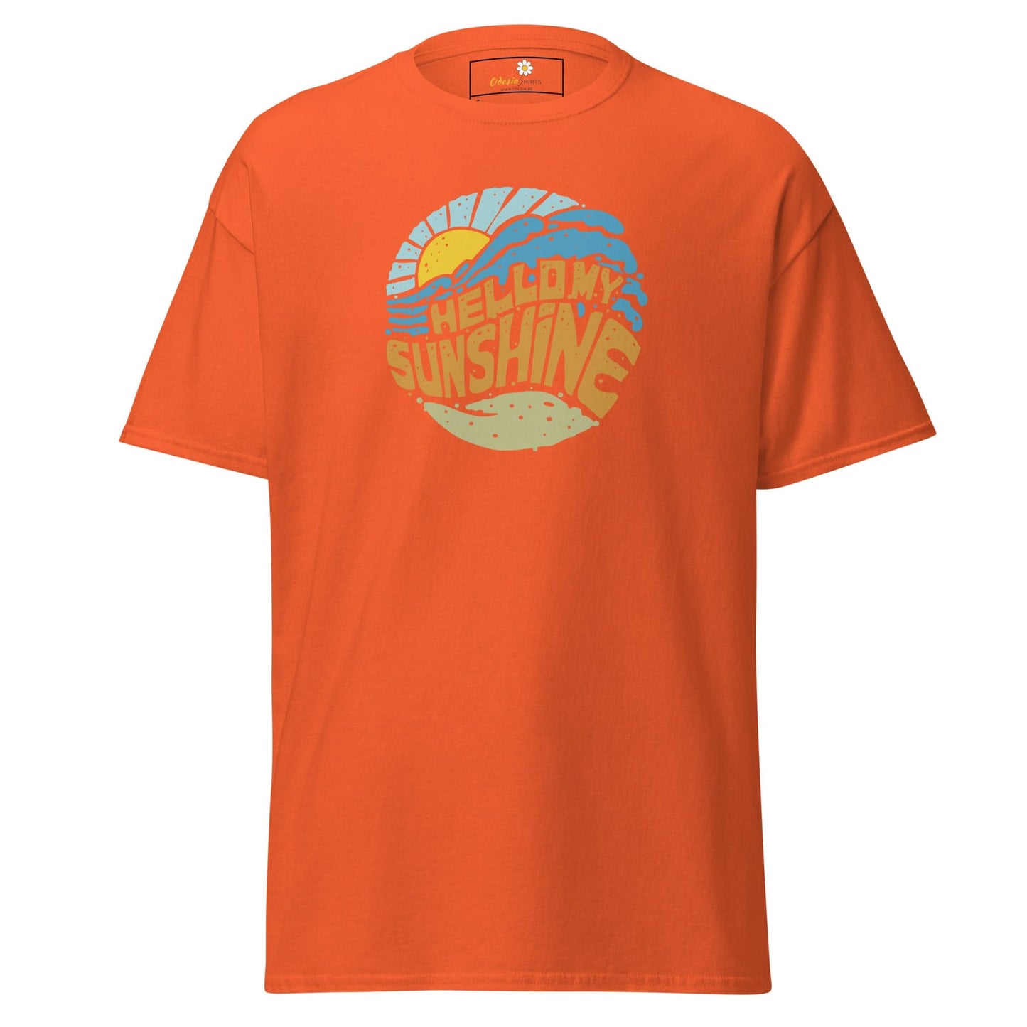 Orange T-shirt with sun graphic from T-SHIRT DESIGN TEE for Men and Women available in S to XL