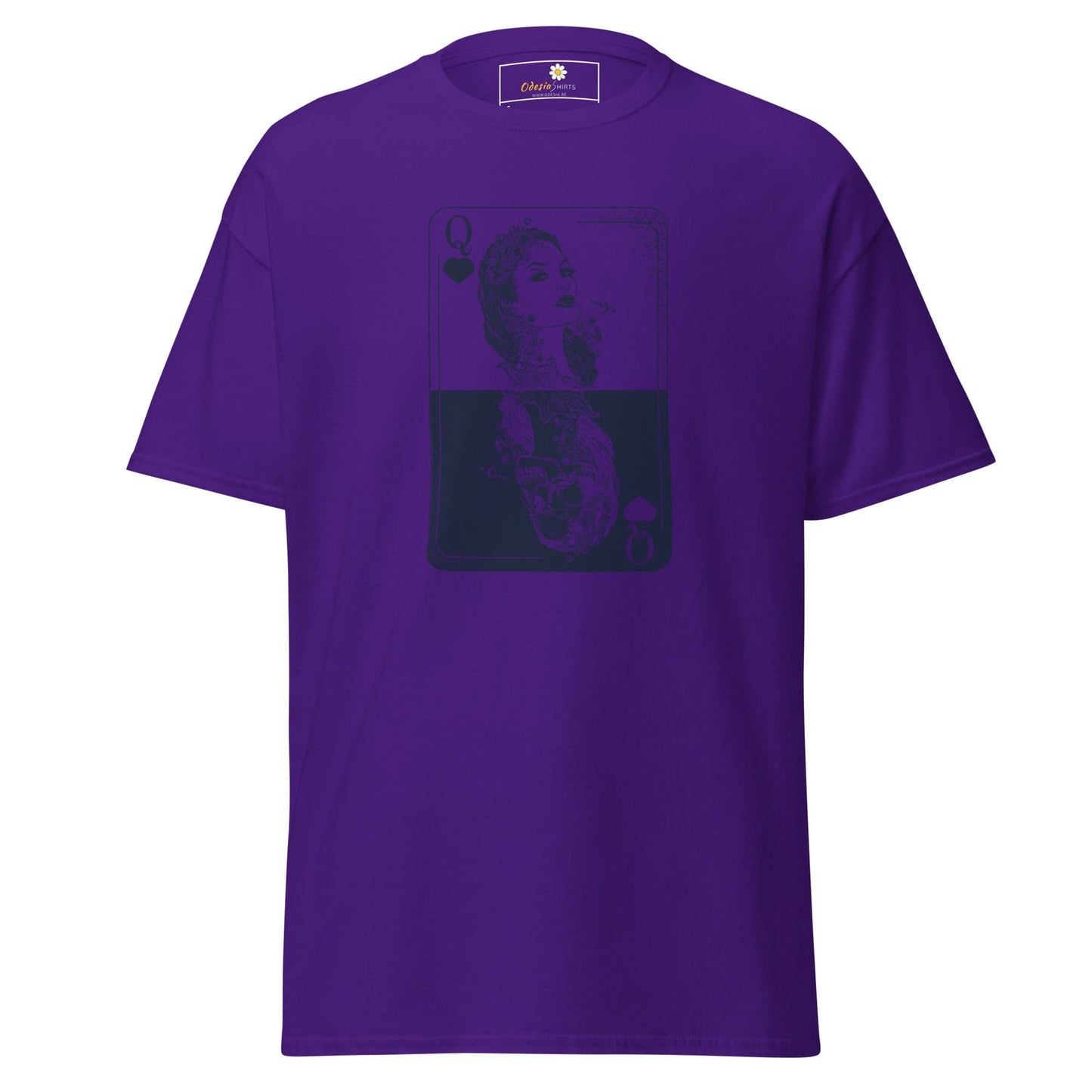 Purple T-shirt with graphic design for men and women, available in sizes S to XL