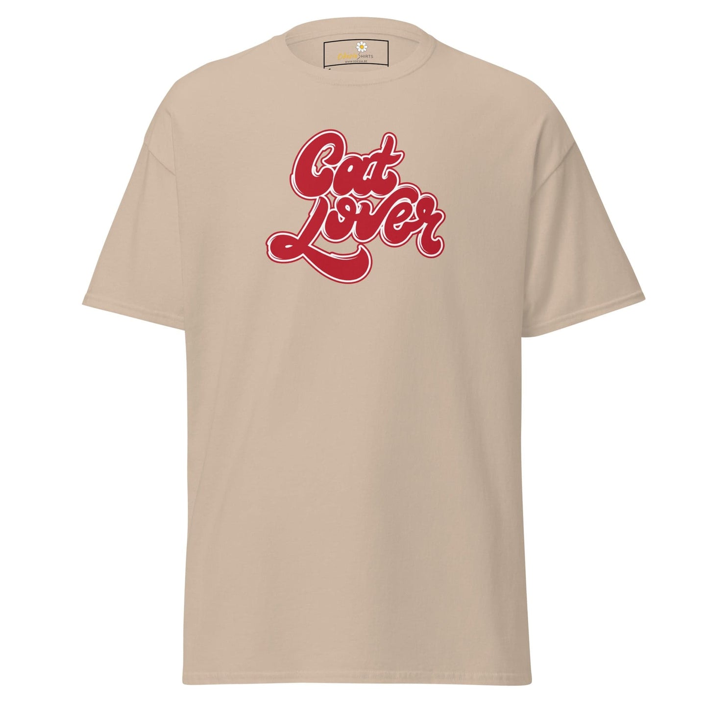 Beige T-shirt with Cat Lover text displayed in T-SHIRT DESIGN TEE for Men and Women