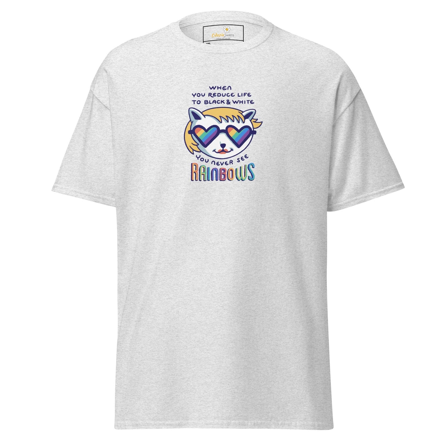 White T-shirt with rainbow graphic, available in large sizes for men and women