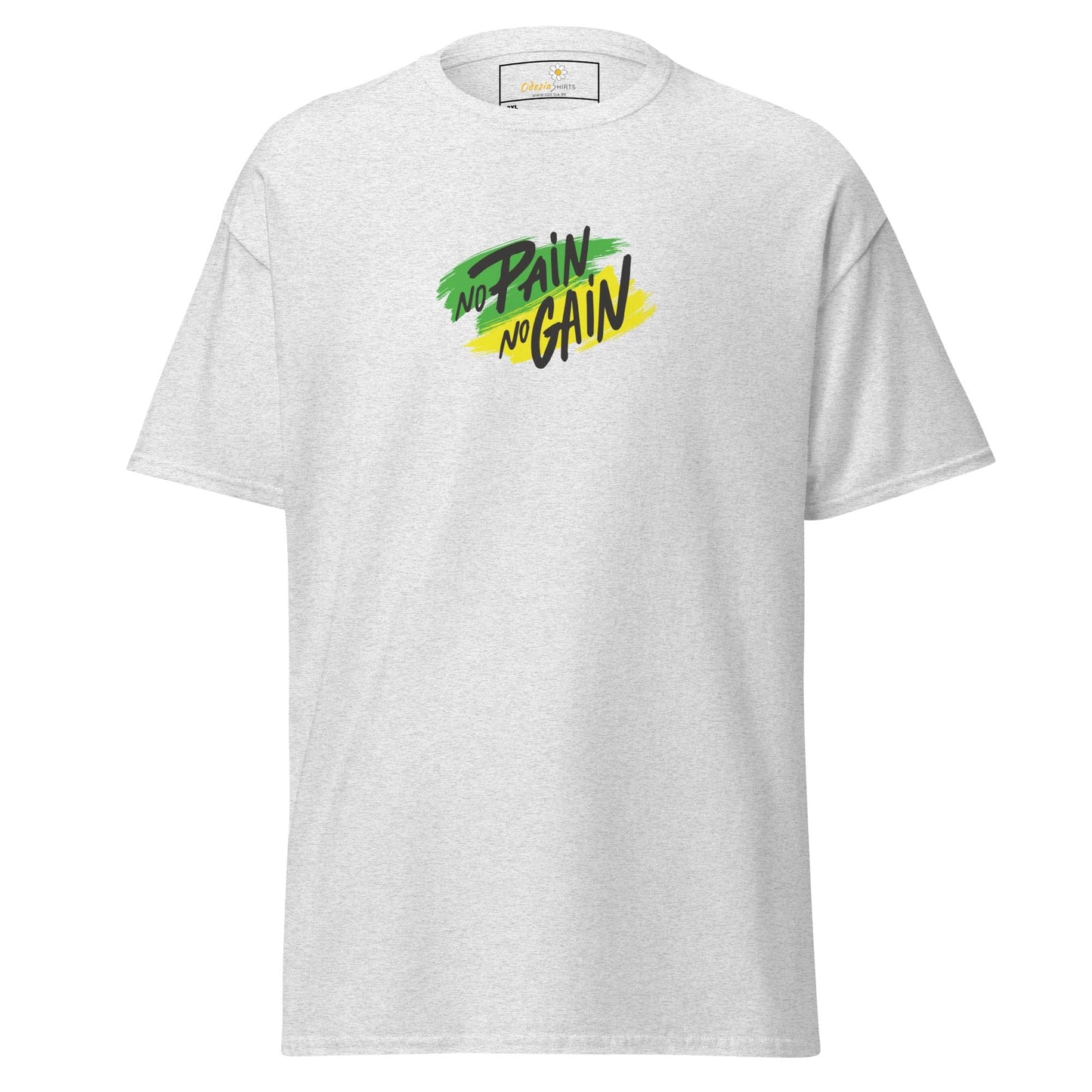 White T-shirt with No Pain No Gain graphic, available in Men and Women sizes 2XL to 5XL