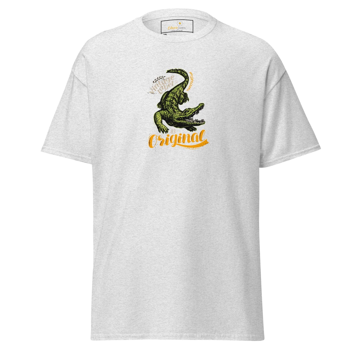 White t-shirt with crocodile graphic.