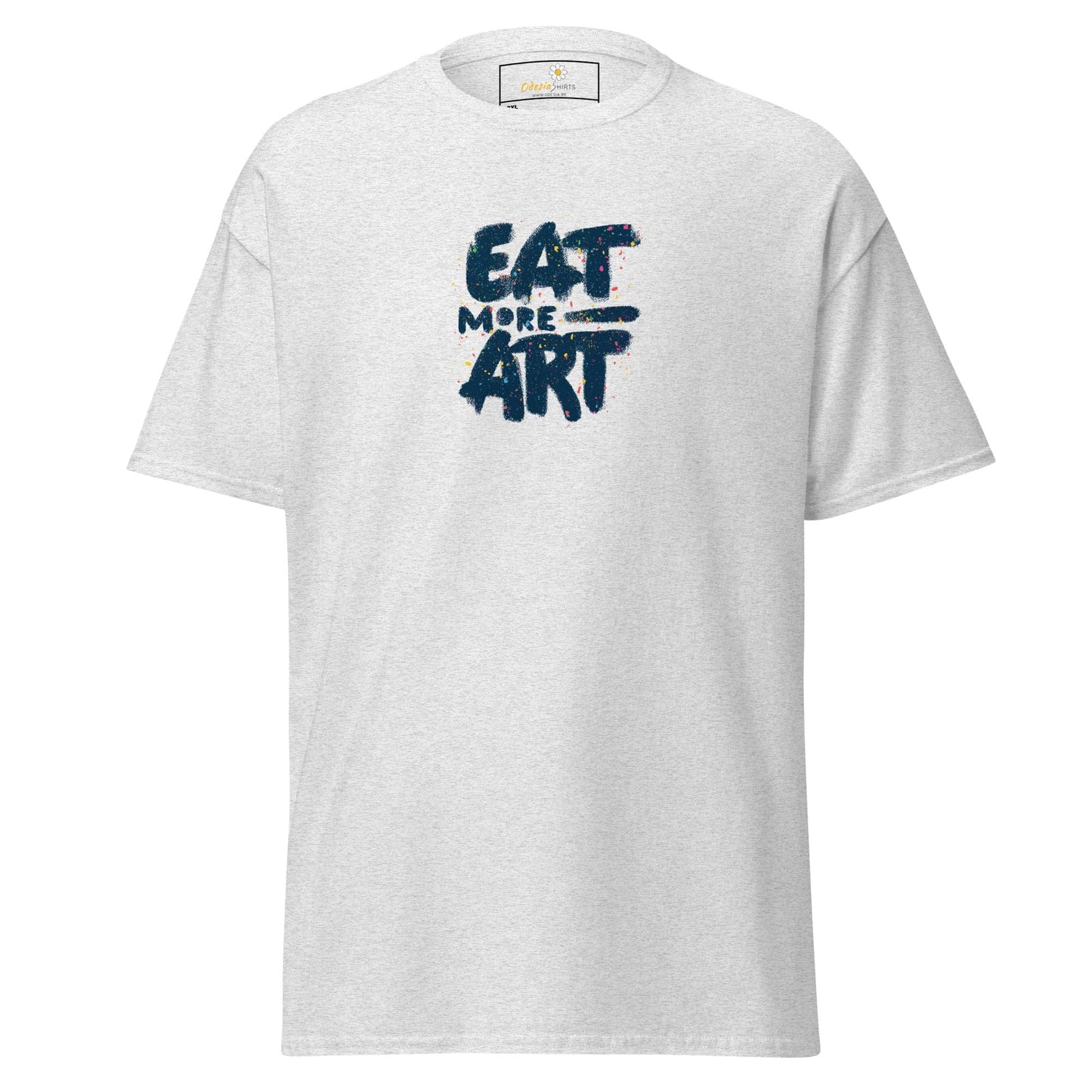 White T-shirt with Eat More Art text, available in 2XL to 5XL men’s and women’s sizes