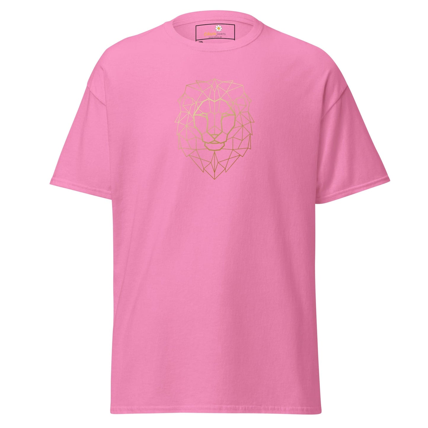 Pink T-shirt with geometric lion design available in men’s and women’s sizes 2XL to 5XL