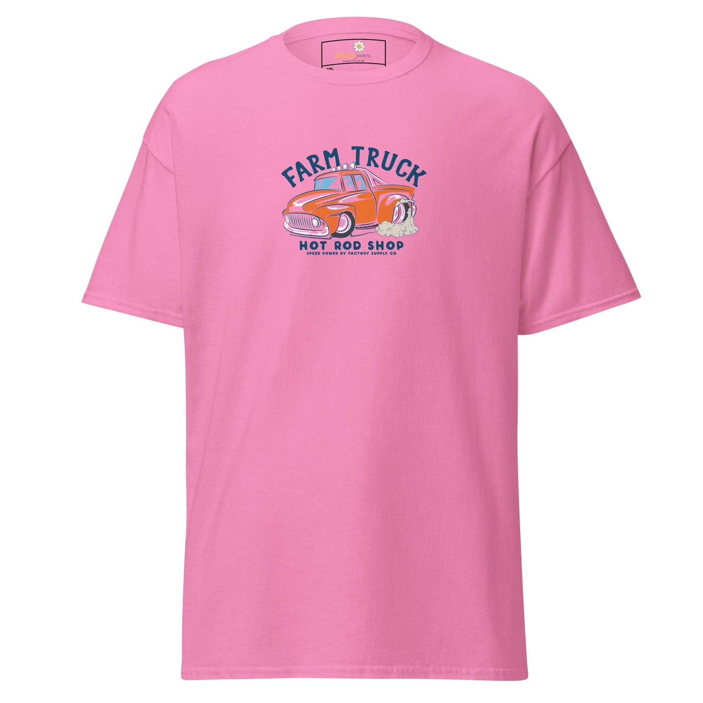Pink t-shirt with truck graphic.