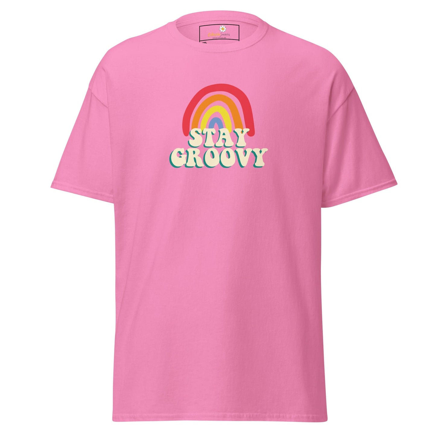Pink t-shirt with rainbow graphic.