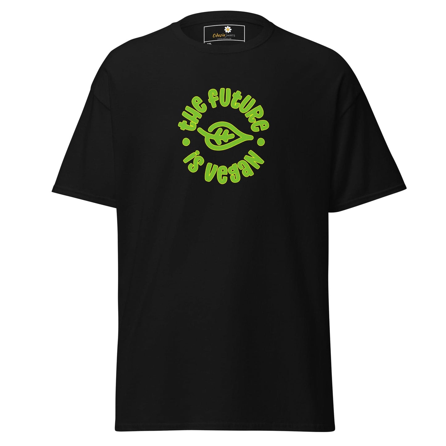 Black t-shirt with vegan graphic.