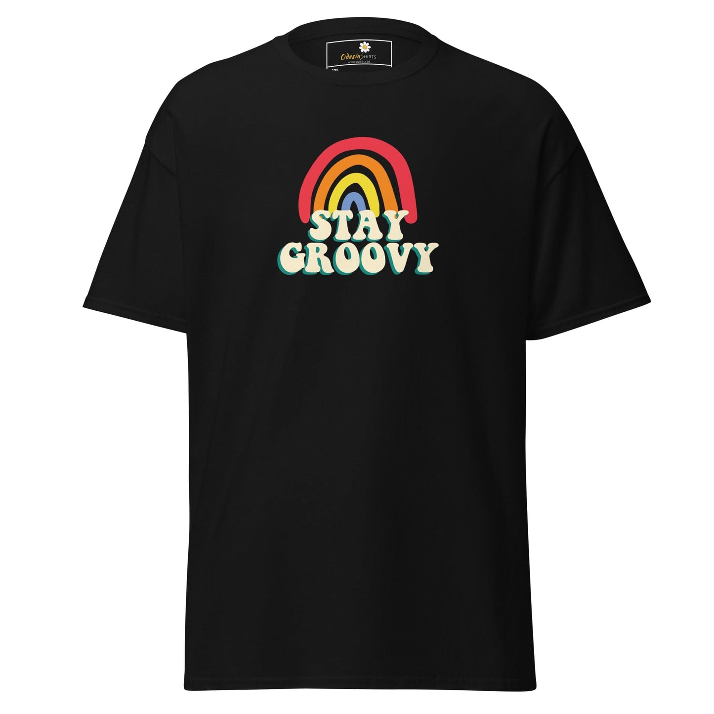 Black t-shirt with rainbow and text.