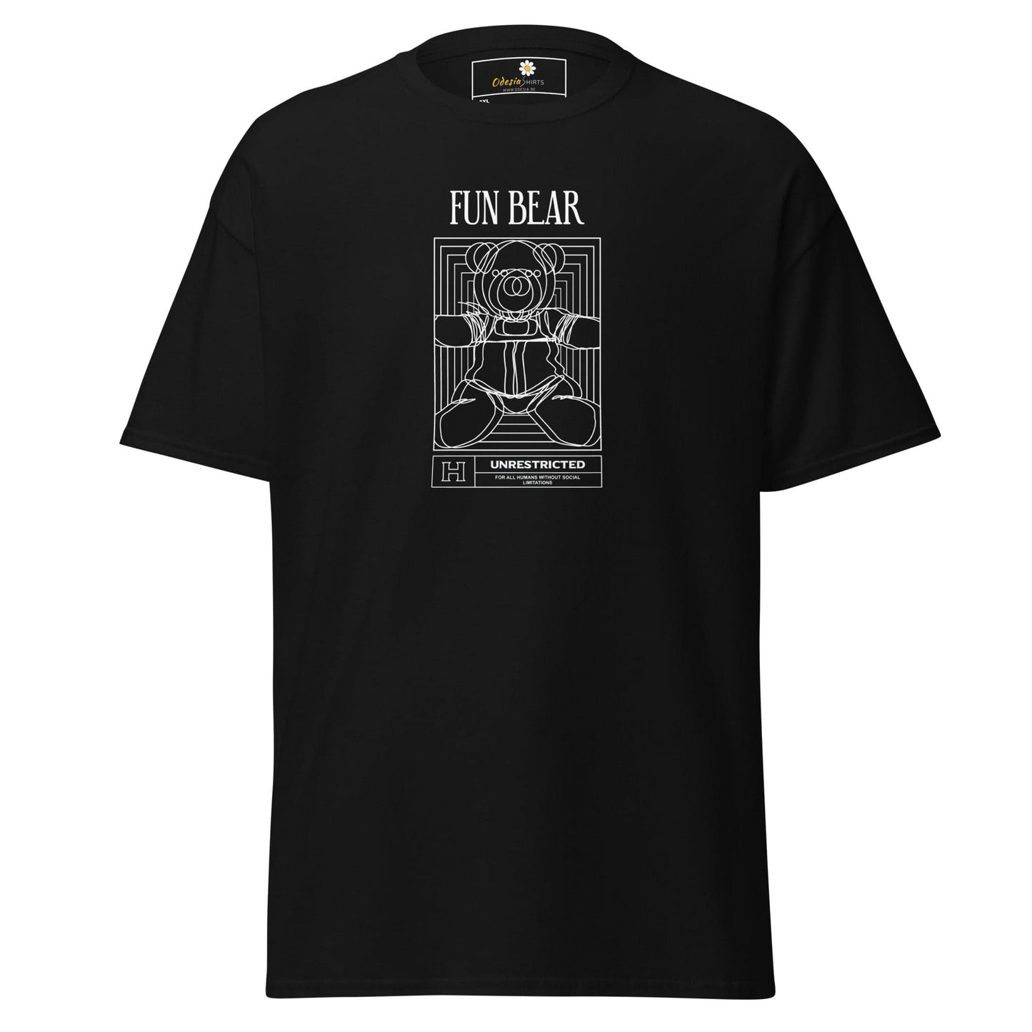 Black t-shirt with a white bear graphic.
