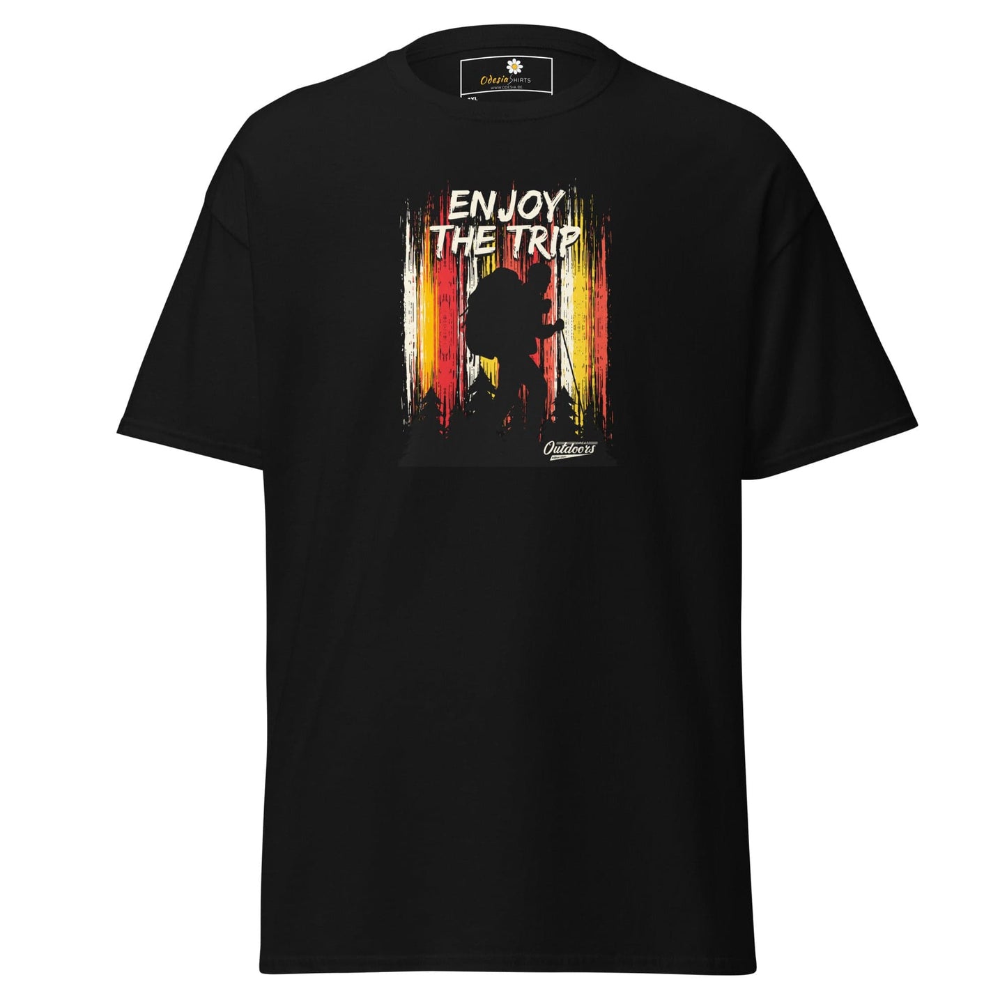 Black t-shirt with hiking graphic.