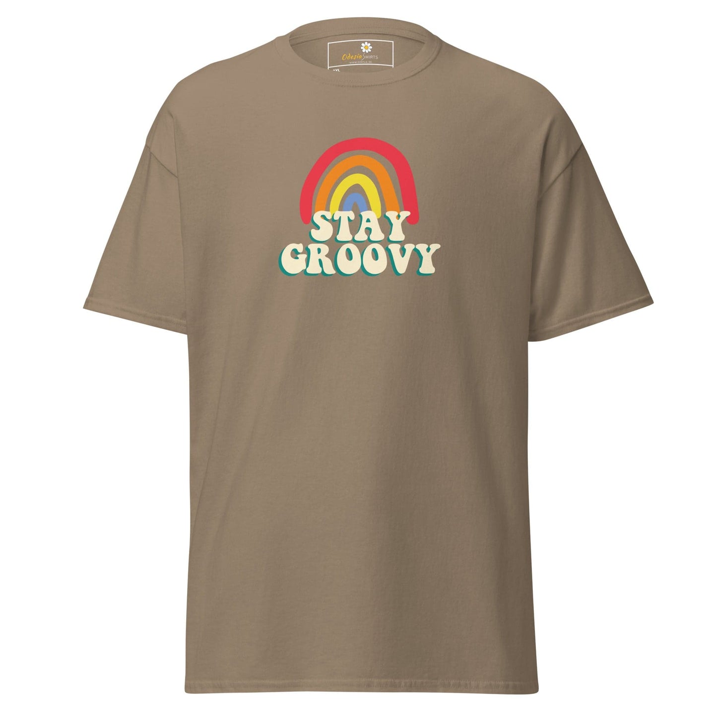 Taupe t-shirt with rainbow and text.