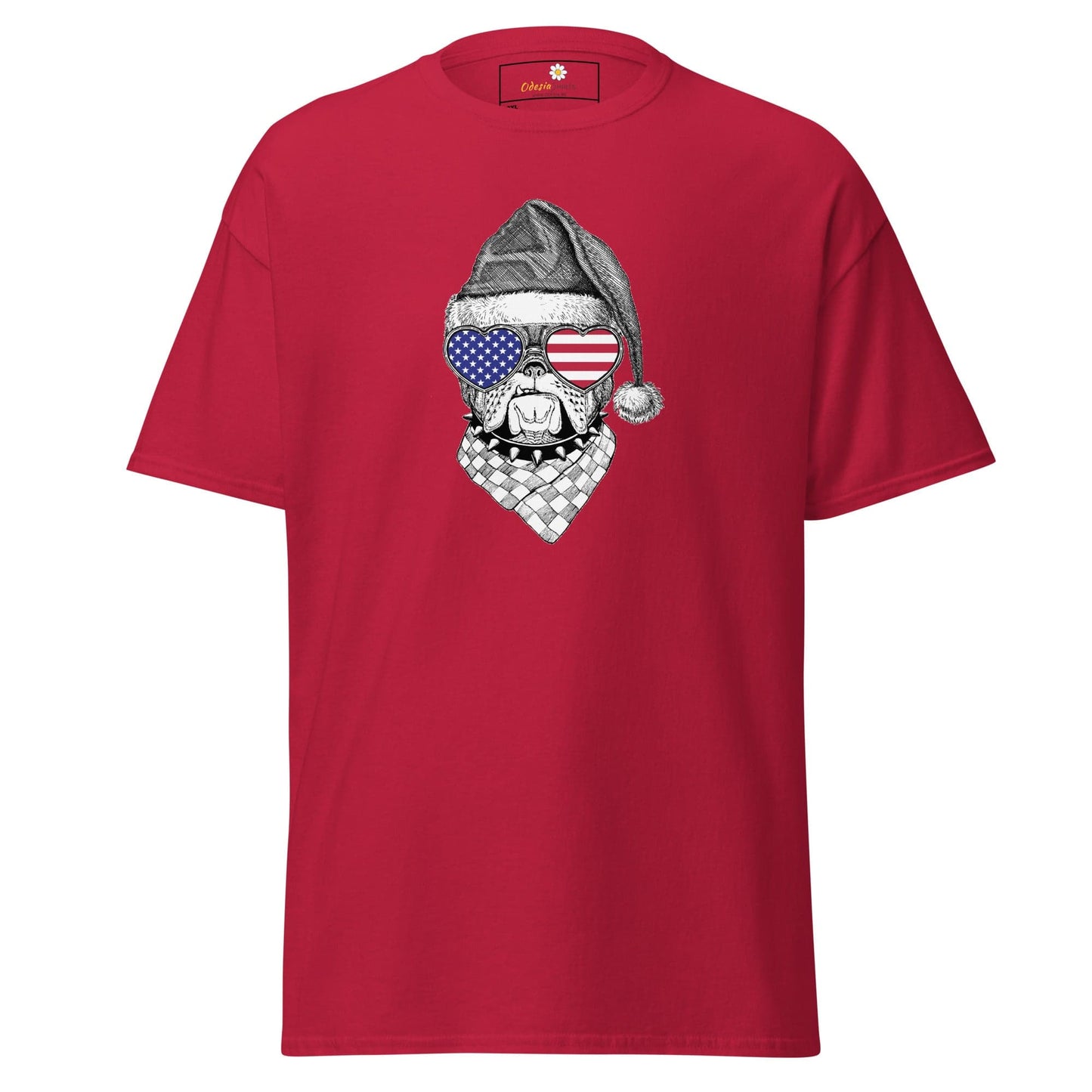 Red T-shirt featuring a dog with a Santa hat and American flag sunglasses for men and women