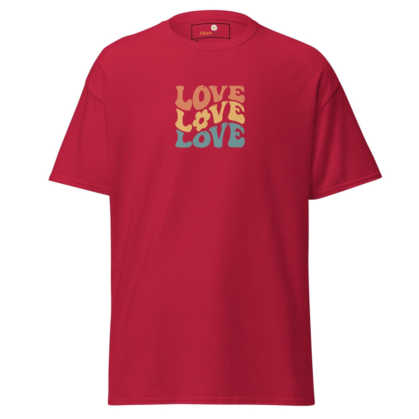 Red t-shirt with ’Love’ graphic.