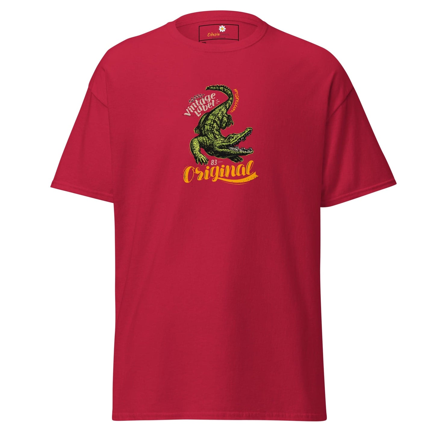 Red t-shirt with crocodile graphic.