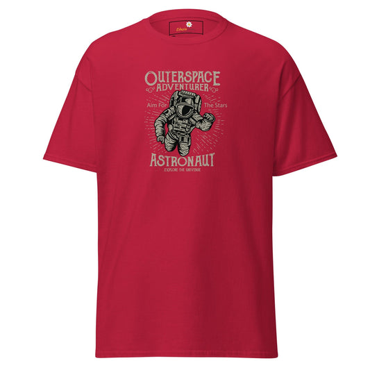 Red t-shirt with astronaut graphic.