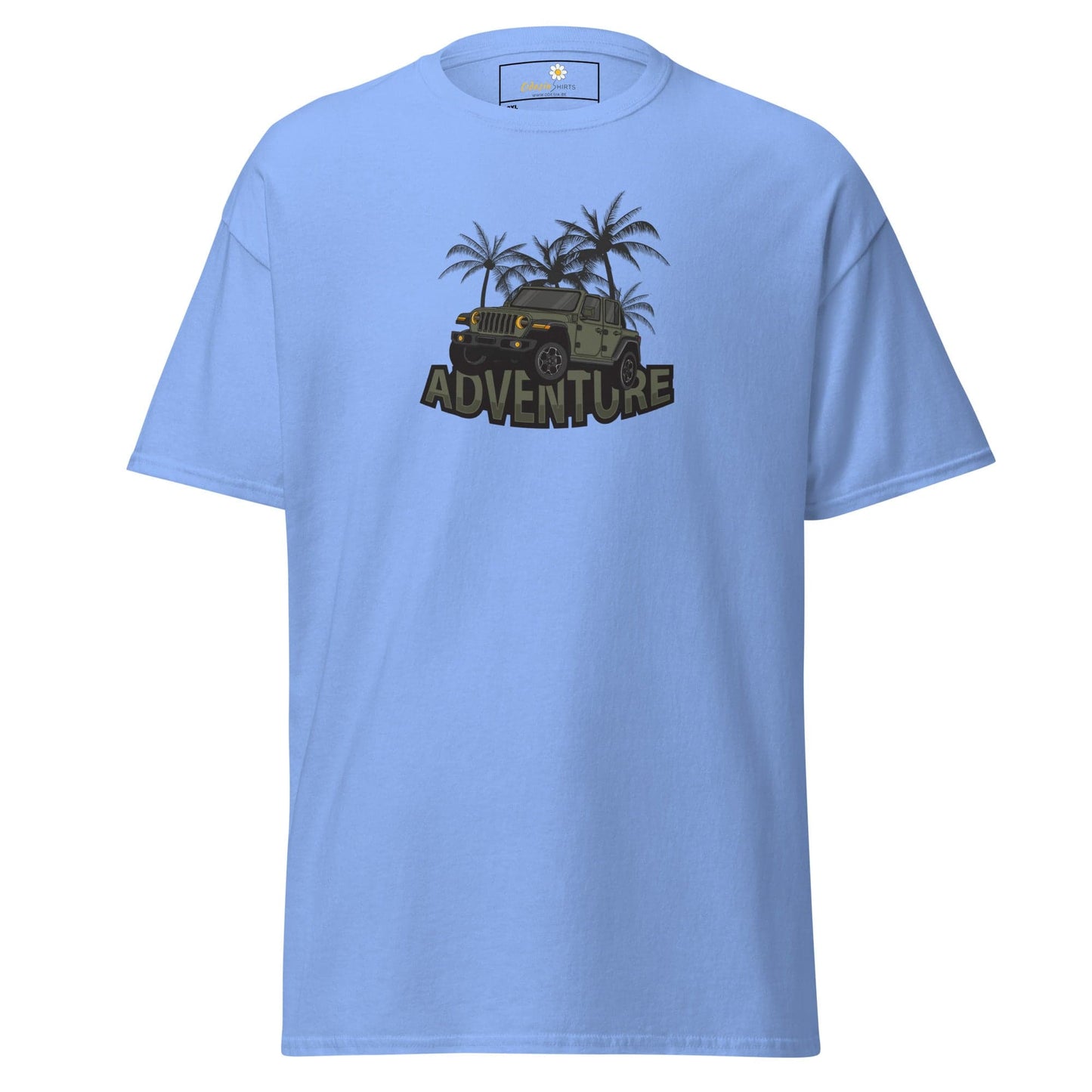 Light blue T-shirt featuring an Adventure Jeep design suitable for men and women in 2XL to 5XL sizes