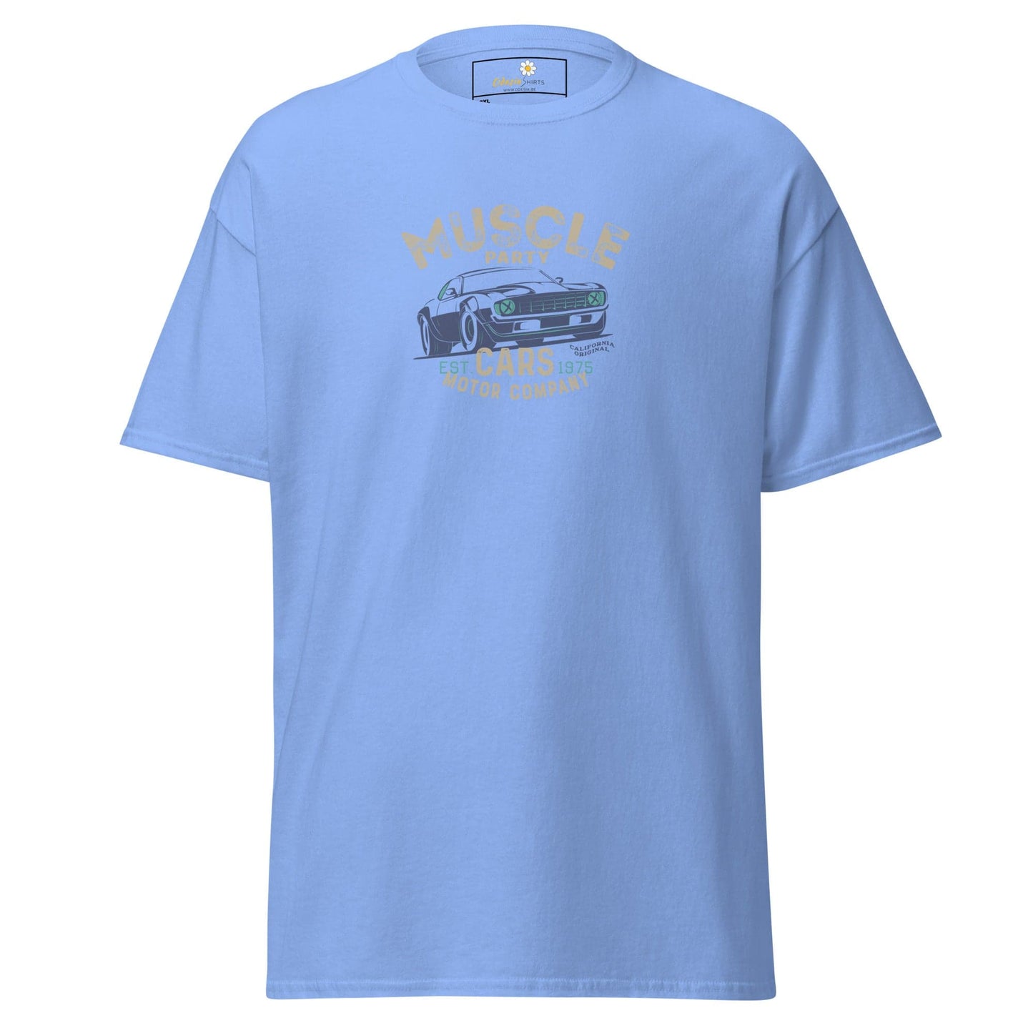 Light blue t-shirt with car graphic.