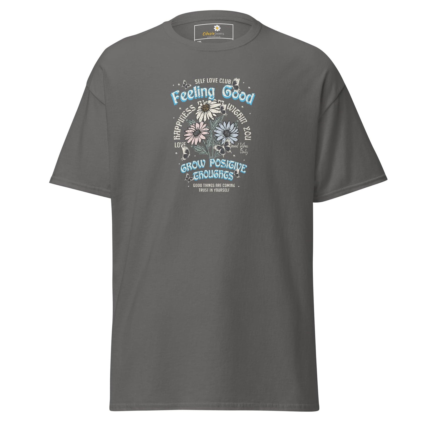 Gray t-shirt with floral graphic.