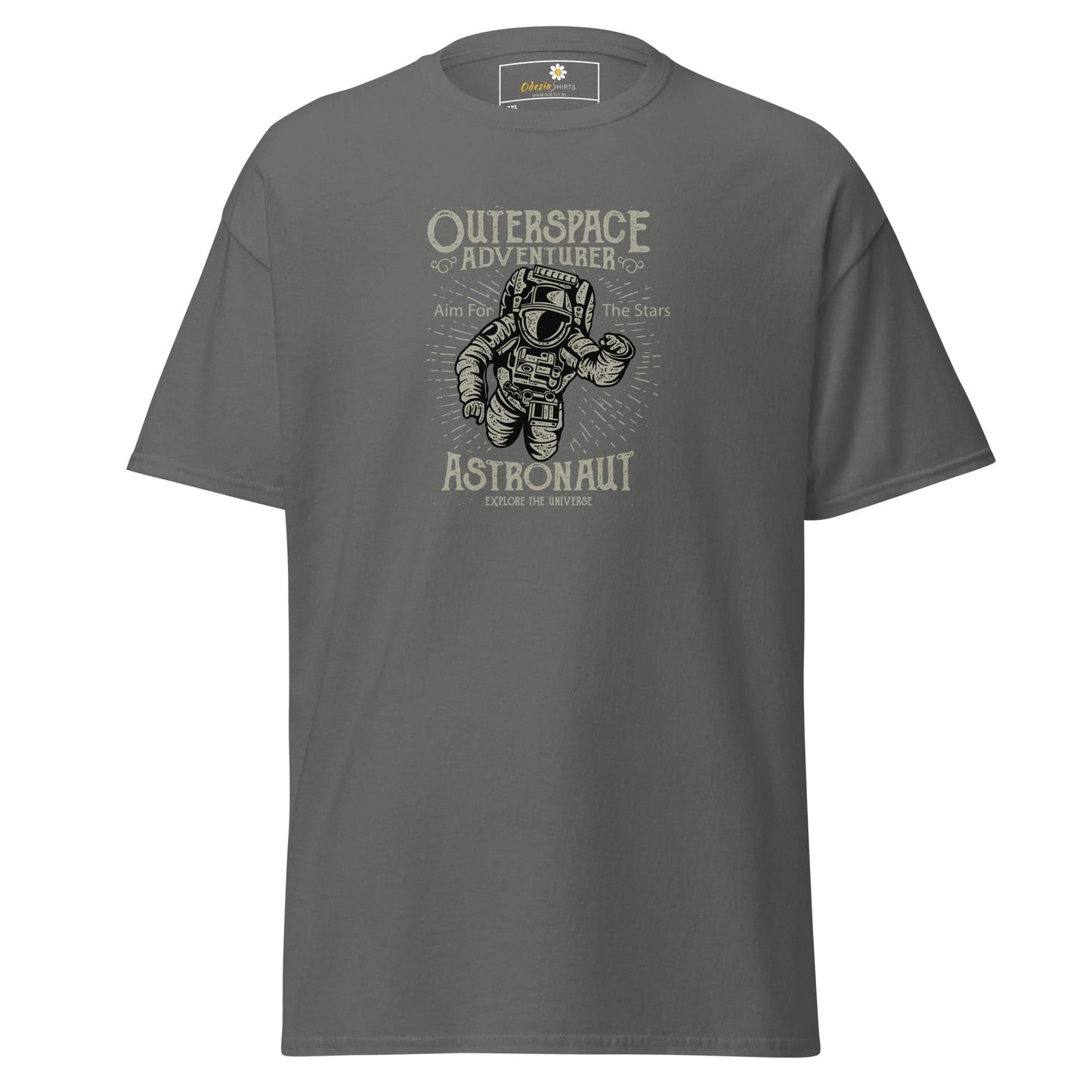 Gray t-shirt with astronaut graphic.