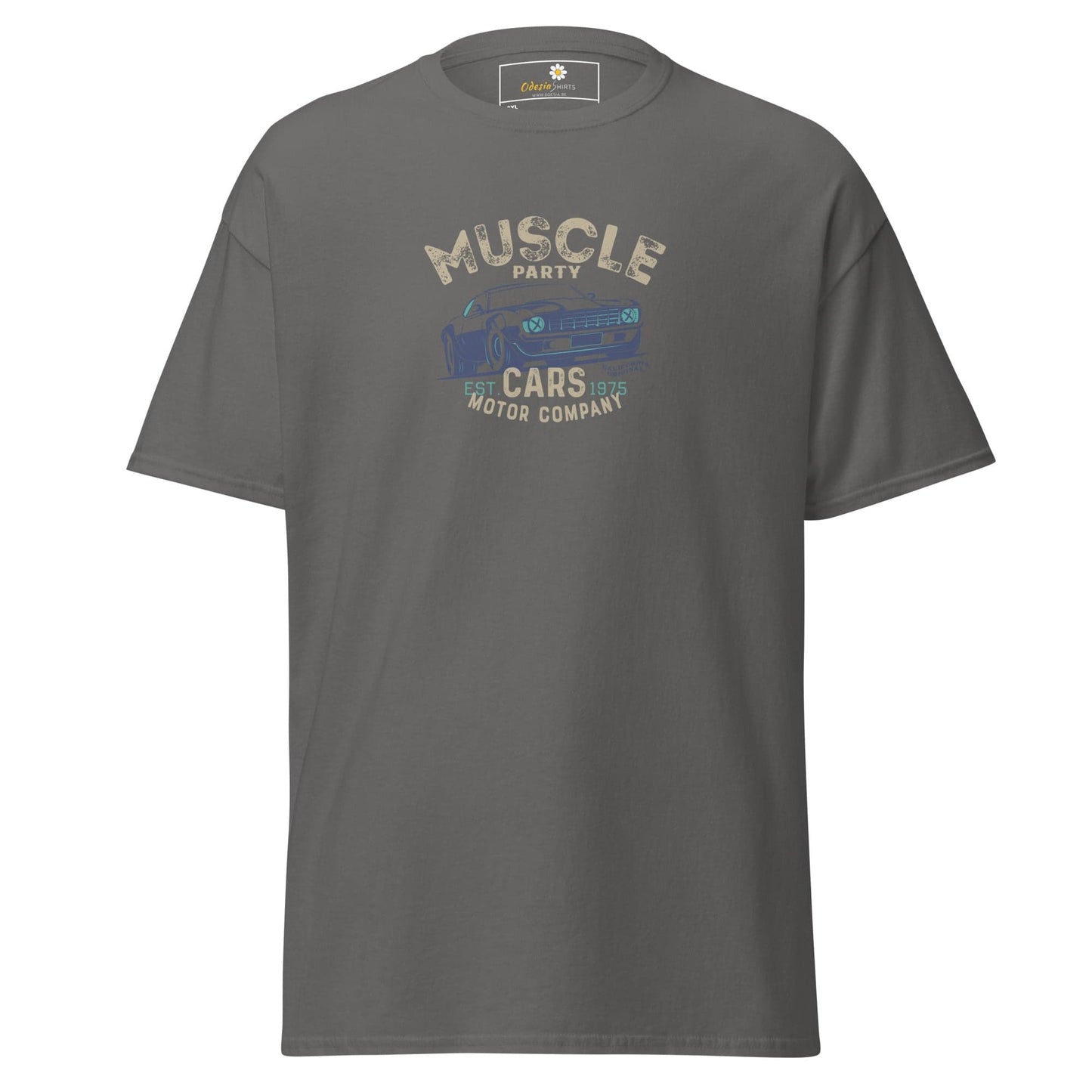 Gray t-shirt with car graphic.