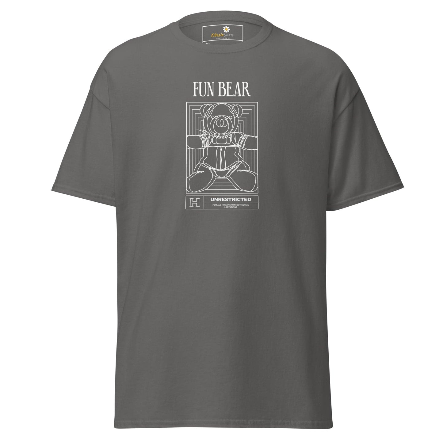 Gray t-shirt with bear graphic.