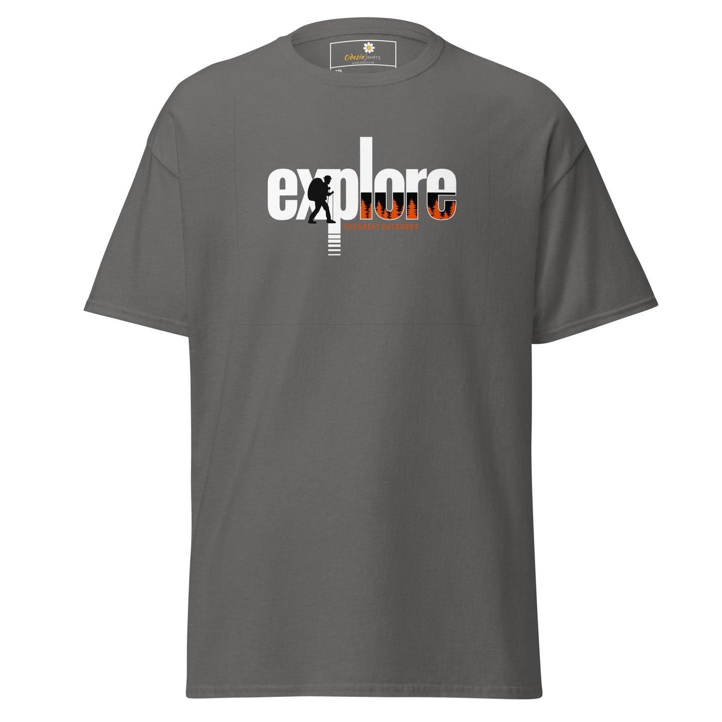 Gray t-shirt with ’explore’ graphic.