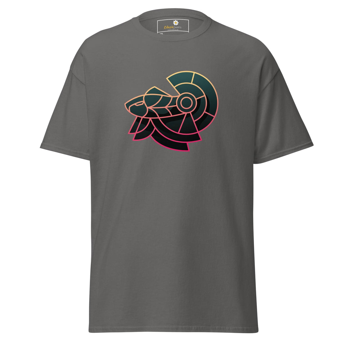 Gray T-shirt with stylized ram design for Men or Women in sizes 2XL to 5XL