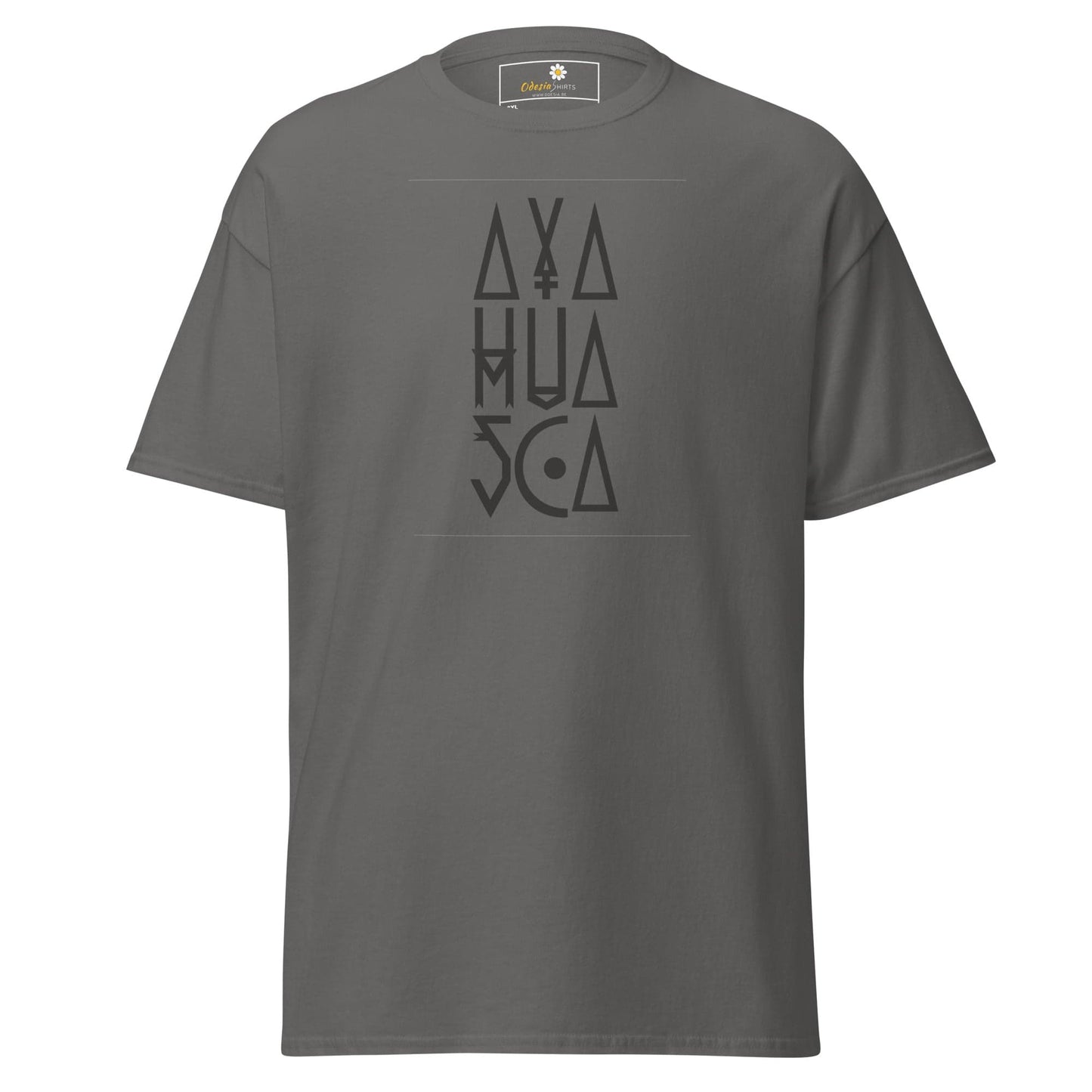 Gray t-shirt with stylized text.