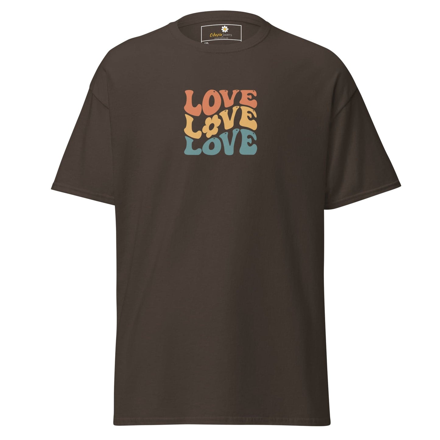 Brown t-shirt with stacked ’love’ text.