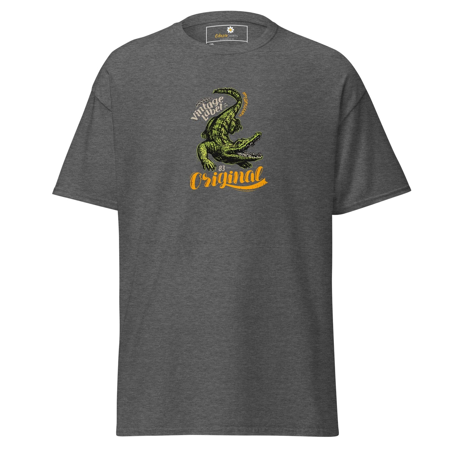 Gray t-shirt with crocodile graphic.