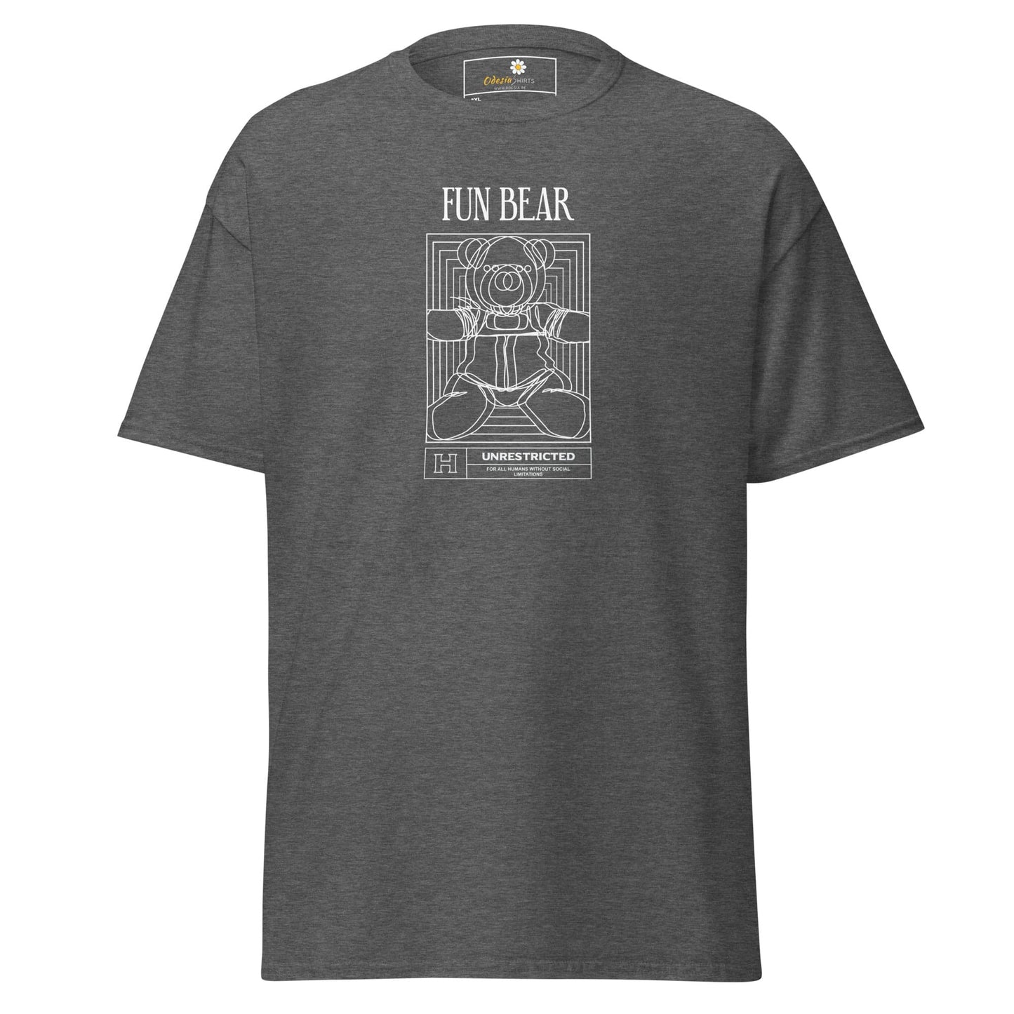 Gray t-shirt with a bear graphic.