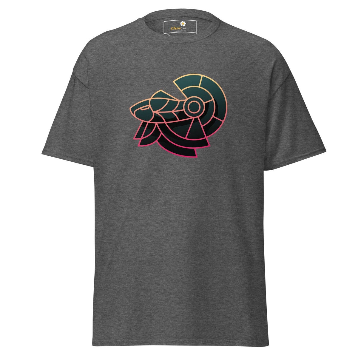 Gray T-shirt with stylized ram design, suitable for men and women in larger sizes