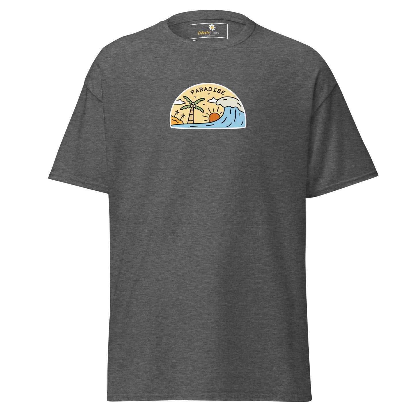 Gray t-shirt with beach scene graphic.